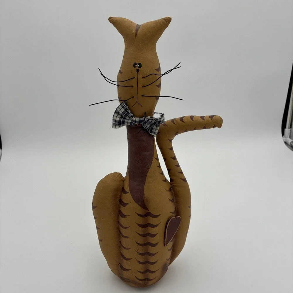 Primitive Folk Art Fabric Cat Figurine Rustic Farmhouse Decor Gingham Bow 14